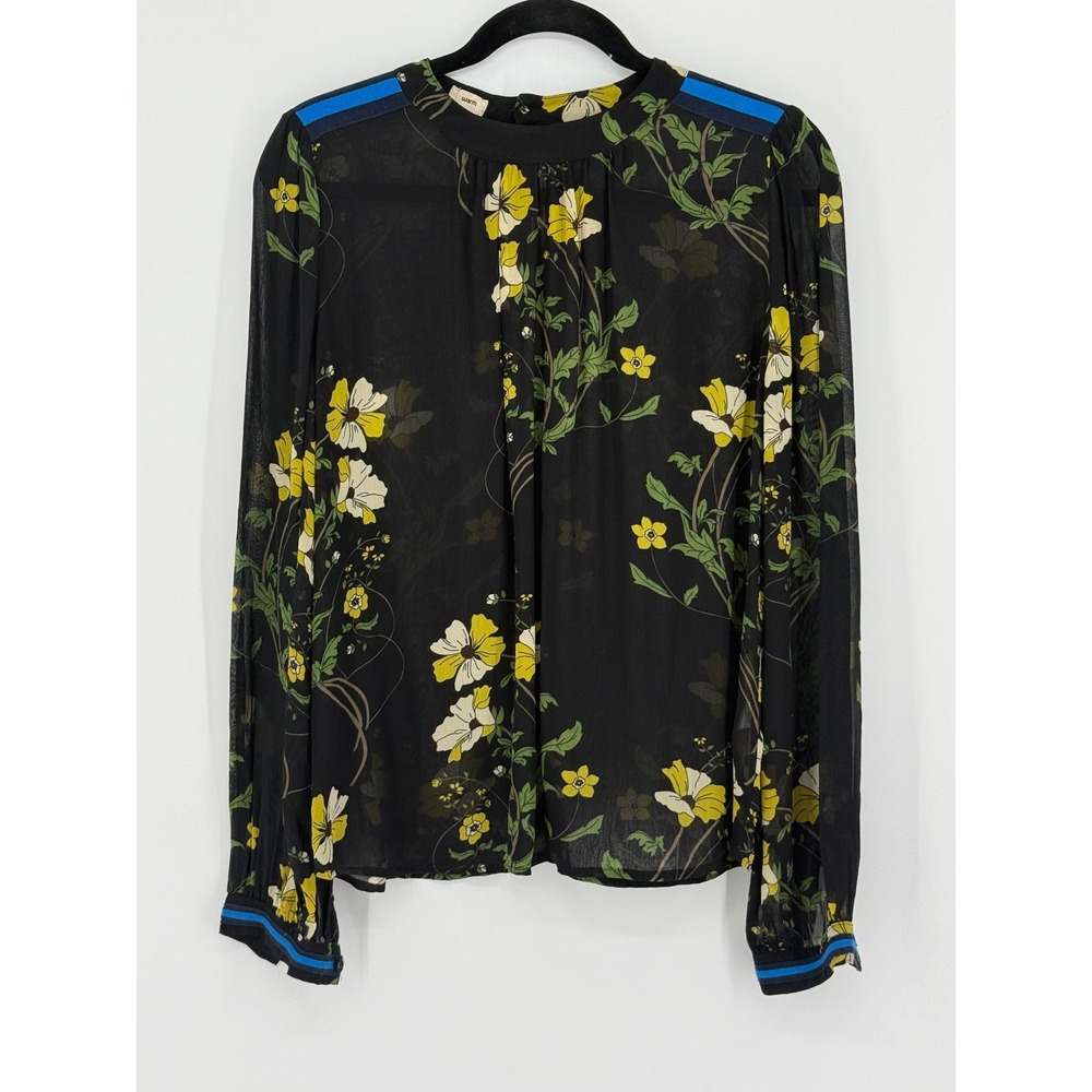 Warm NY Floral Sheer Dark Romantic Blouse Black Yellow Velvet Trim Long Sleeve M